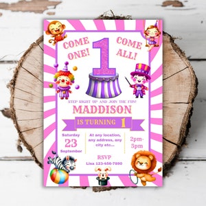 Printable Circus 1st birthday invitation carnival editable Greatest show girls turning one fairground fun fair first bday evite template E5