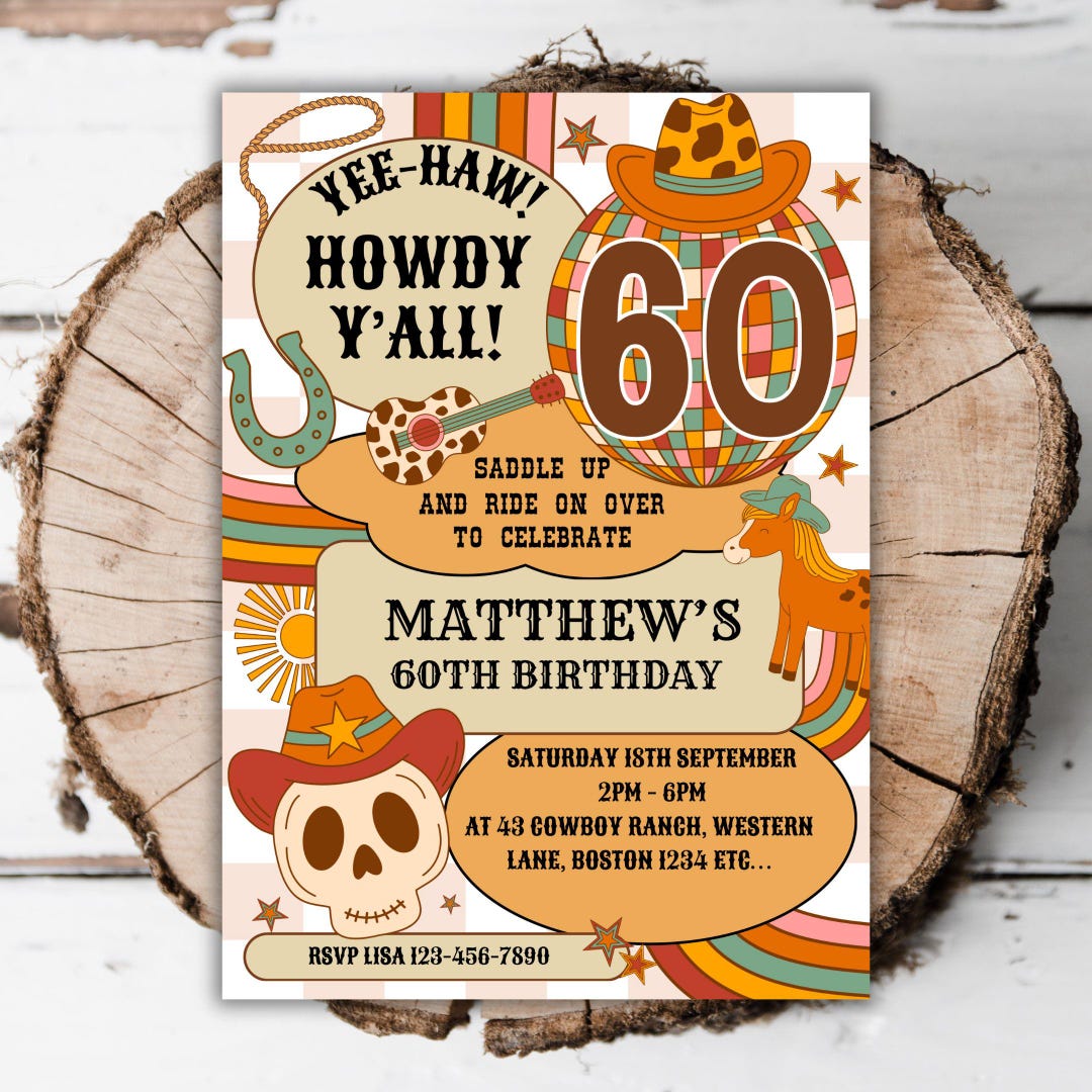 Printable Cowboy 60th Birthday Invitation Mens Wild West Rodeo Editable ...