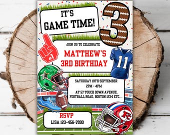 Modèle imprimable d'invitation pour le 3e anniversaire de football pour garçons, fête de football américain, modifiable pour avoir trois ans, casque de football, heure de jeu, modèle evite J3
