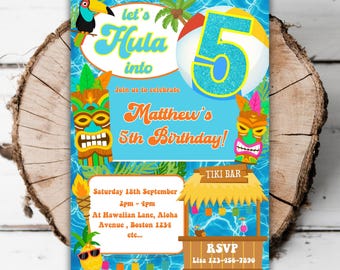 May include: A colorful invitation for a 5th birthday party with a luau theme. The invitation features a tiki mask, a beach ball, and the text "Let's Hula into Matthew's 5th Birthday!"