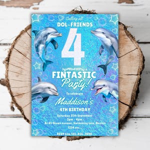 Printable Dolphin 4th birthday invitation girls under the sea dolphin editable pool party turning four fintastic fish pod evite template J2