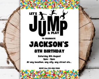 May include: A white birthday invitation with colorful confetti border. The invitation says "Let's Jump & Play" to celebrate Jackson's 8th birthday. The date is Saturday, August 8th, from 3pm to 5pm. The RSVP information is "RSVP Lisa 123-456-7890".