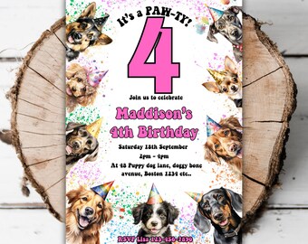 Printable Puppy party 4th birthday invitation pawty editable girls 4th birthday dogs puppies pet party paw turning four evite template K8