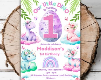 Invitation 1er anniversaire imprimable pour filles dinosaures Dino modifiable Pastel tournant un mignon modèle d'evite premier anniversaire girly de bébé Dino G3