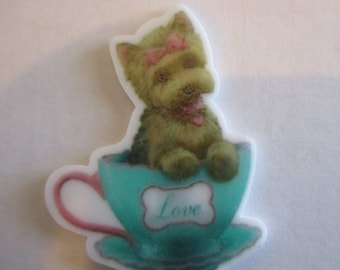 Yorkie dog puppy in a tea cup resin needleminder magnet minder needle keeper