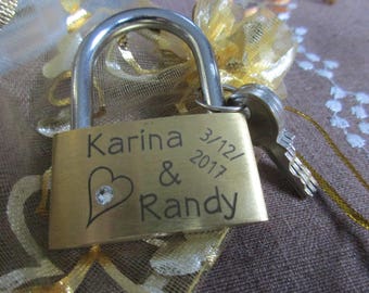 engraved Padlock (Love-lock, Brass) with Swarovski crystal + Key and pouch,personalized,engraving, personalized couple, Wedding application