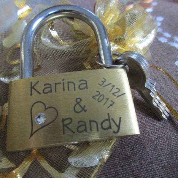 engraved Padlock (Love-lock, Brass) with Swarovski crystal + Key and pouch,personalized,engraving, personalized couple, Wedding application