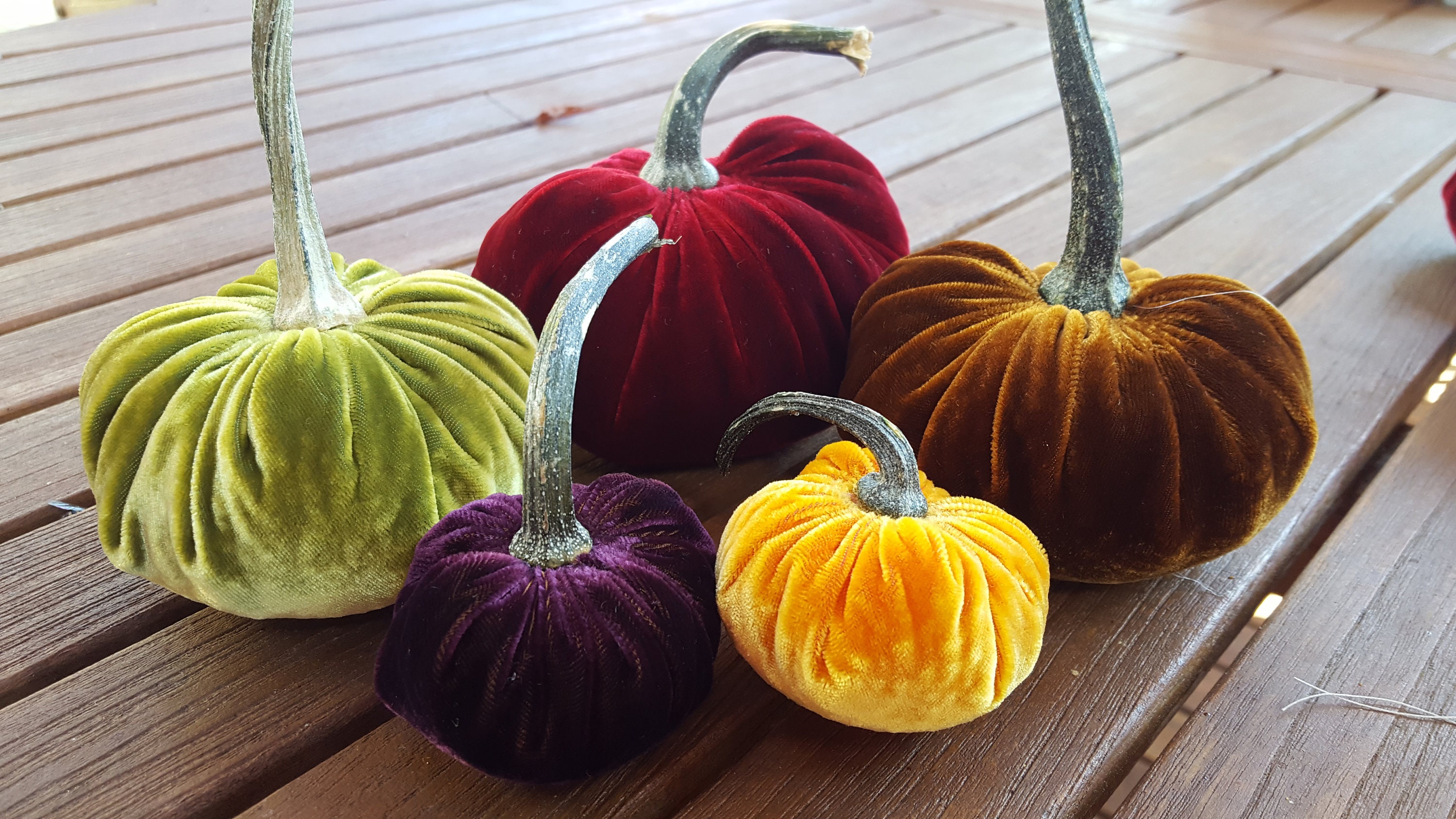 Silk Velvet Pumpkins With Real Pumpkin Stems, Set of Three 1 Each Large