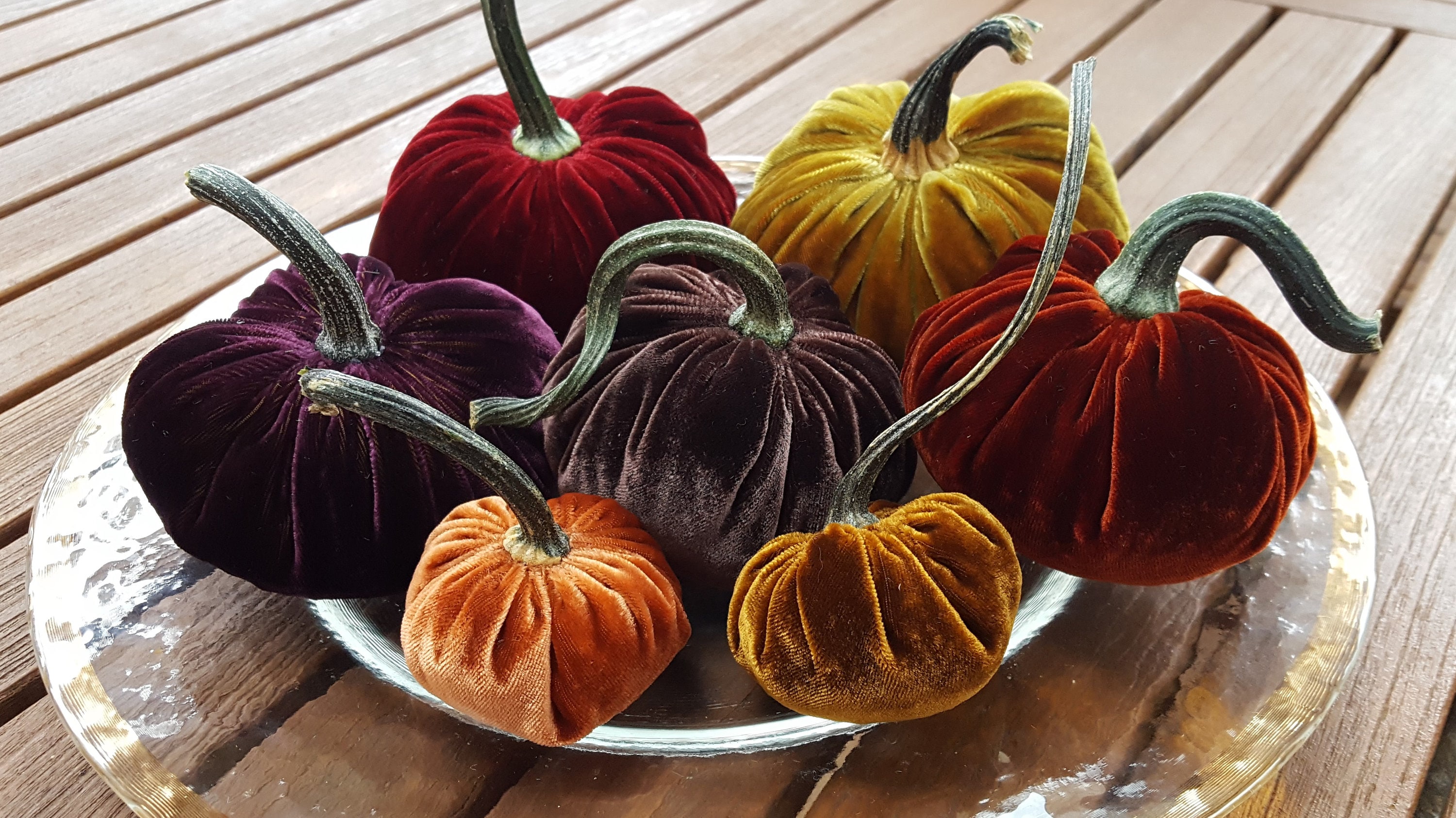 Silk Velvet Pumpkins With Real Pumpkin Stems, Set of Three 1 Each Large