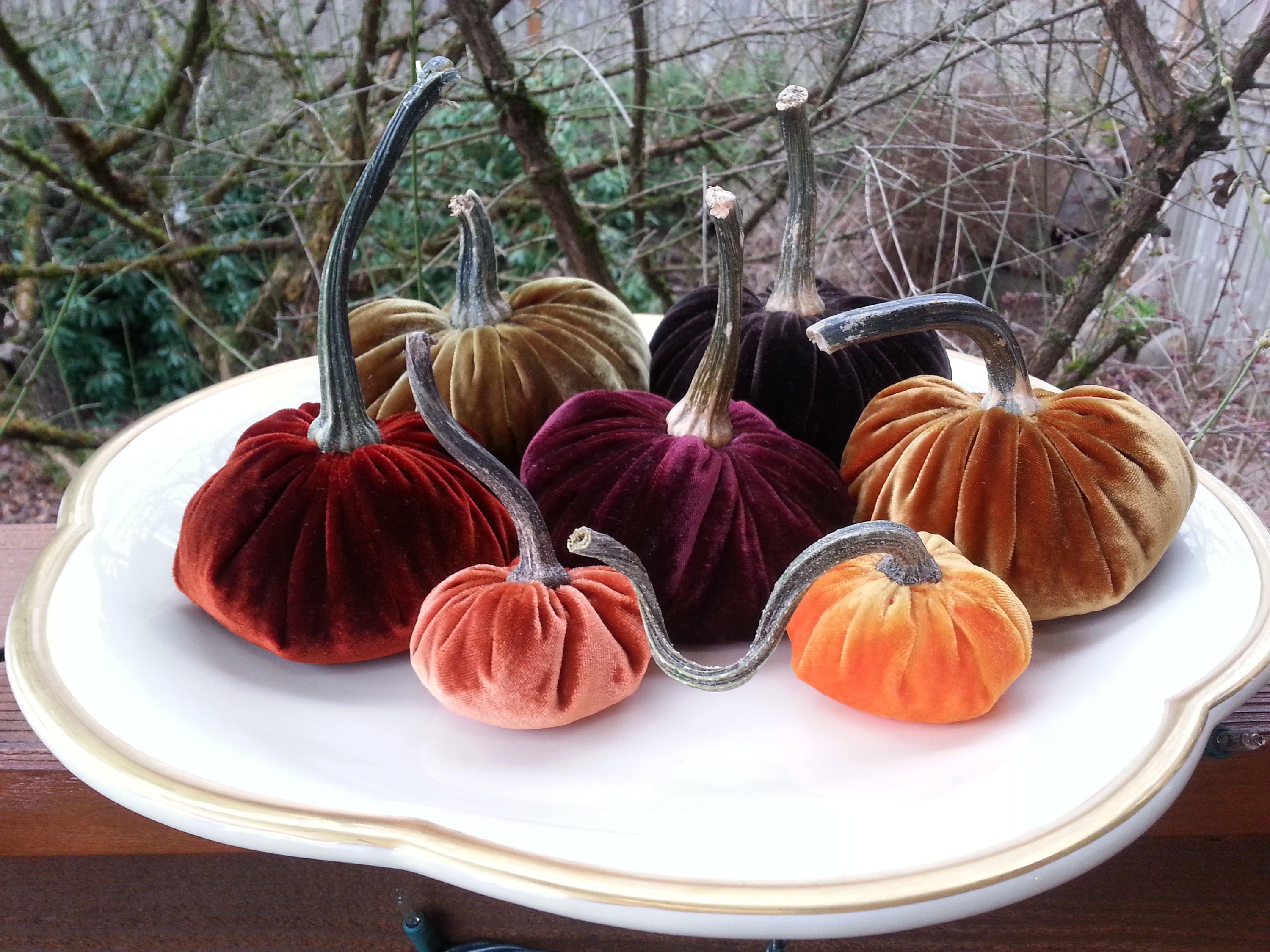 Silk Velvet Pumpkins With Real Pumpkin Stems, Set of Three 1 Each Large