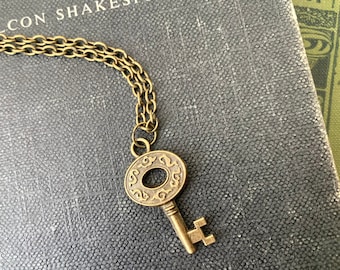 Bronze Skeleton Key Necklace - Key to My Heart Necklace, Vintage Modern Brass Charm Pendant Layering Jewellery, Victorian Antique Style