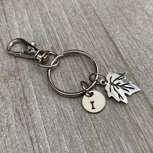 Maple Leaf Personalized Keyring, Silver Maple Leaf Keychain, Custom Initial Stamped Charm, Bag Accessories, Meaningful Canadian Gift