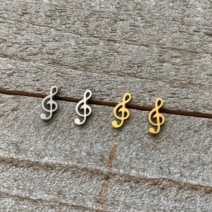 Hypoallergenic Treble Clef Stud Earrings, Stainless Steel, Little Gold, Silver Music Note Studs, Cute Modern Small Studs, Tiny Studs