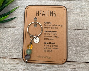 Chaveiro de cristal personalizado, cura, chaveiro de pedra preciosa natural, pingente inicial para carro, acessórios para bolsa, presente significativo