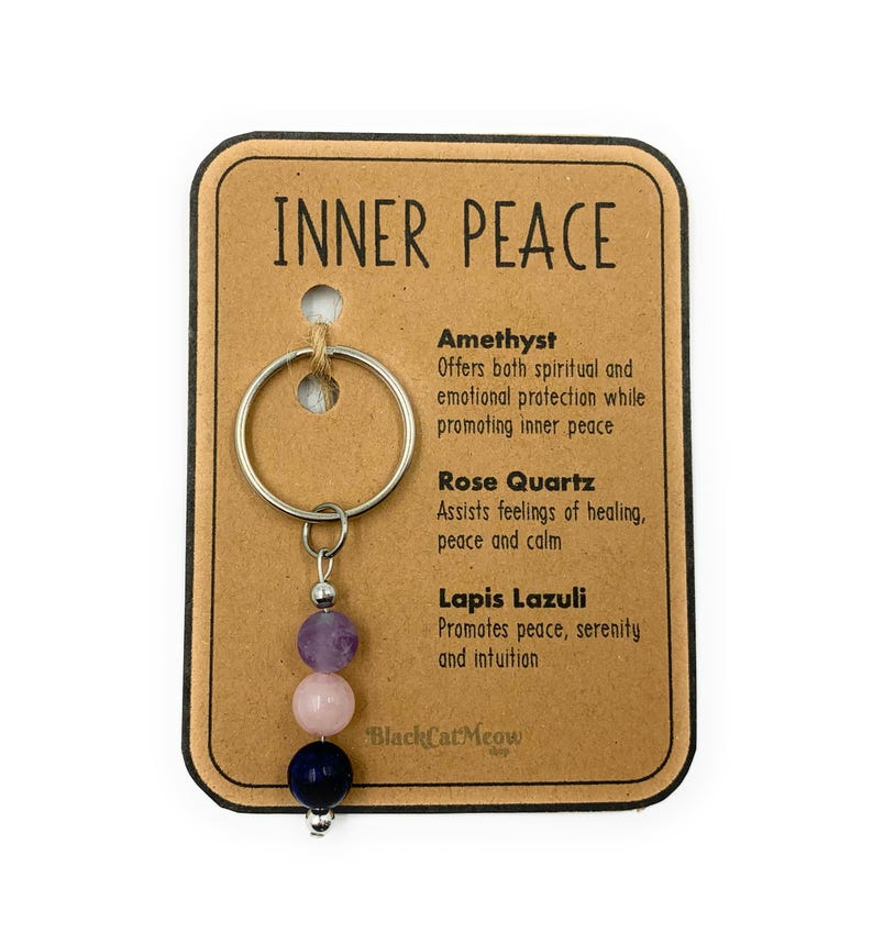 Llavero de cristal, paz interior, llavero personalizado de piedra preciosa natural, dije inicial, accesorios para coche y bolso, personalizado, regalo significativo, calma. imagen 6