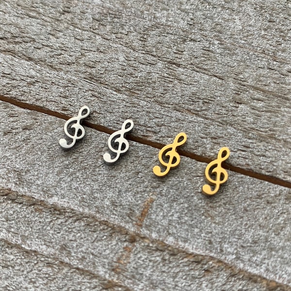 Hypoallergenic Treble Clef Stud Earrings, Stainless Steel, Little Gold, Silver Music Note Studs, Cute Modern Small Studs, Tiny Studs