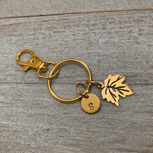 Maple Leaf Personalized Keyring, Gold Maple Leaf Keychain, Custom Initial Stamped Charm, Bag Accessories, Meaningful Canadian Gift