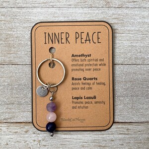 Llavero de cristal, paz interior, llavero personalizado de piedra preciosa natural, dije inicial, accesorios para coche y bolso, personalizado, regalo significativo, calma. imagen 8