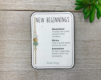 New Beginnings Crystal Bracelet, Natural Gemstone Jewelry, Meaningful Gift, Gold, Silver, Stainless Steel Chain Bracelet, Inspirational Card