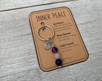 Crystal Keyring, Inner Peace, Personalized Natural Gemstone Keychain, Initial Charm, Car, Purse Accessories, Custom, Meaningful Gift, Calm