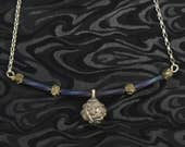 Metal button beaded silver necklace, torched copper color, iron pyrite nugget, glass beads, fashionable necklace