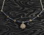 Metal button beaded silver necklace, dark blue, iron pyrite nugget, glass beads, fashionable necklace