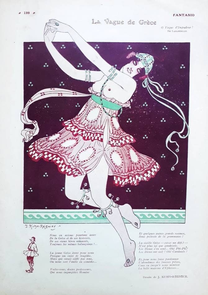Rare et Ancienne Illustration Colorée Imprimée La Vague de Grèce - Années 1920 Kunh-Régnier Danse Gr