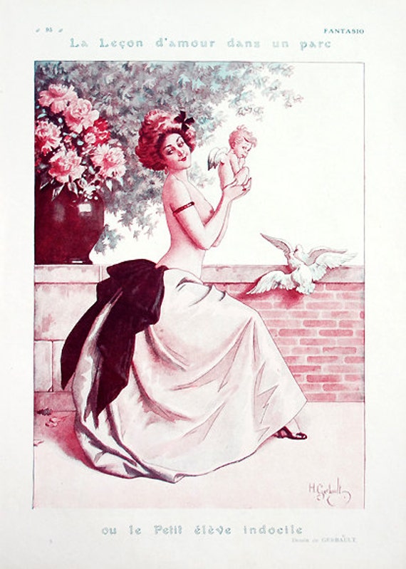 1920 - Illustration Ancienne Romantique Portrait de Femme Fleurs Ange Art Français La Vie Parisienne