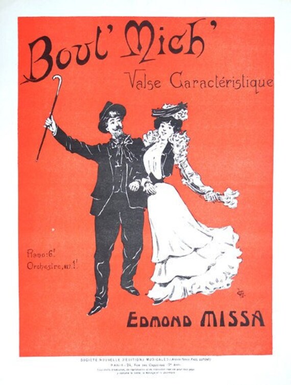 Rare Vintage Illustration & Piano Partition - Paris Cottage Chic/French Theme Boul' Mich Around 1890