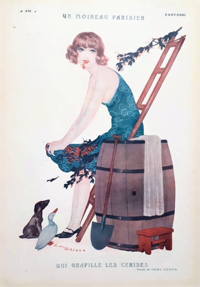 Authentique Illustration Ancienne - Dessin de Femme/Moineau Parisien Petit Chien Animaux Art France