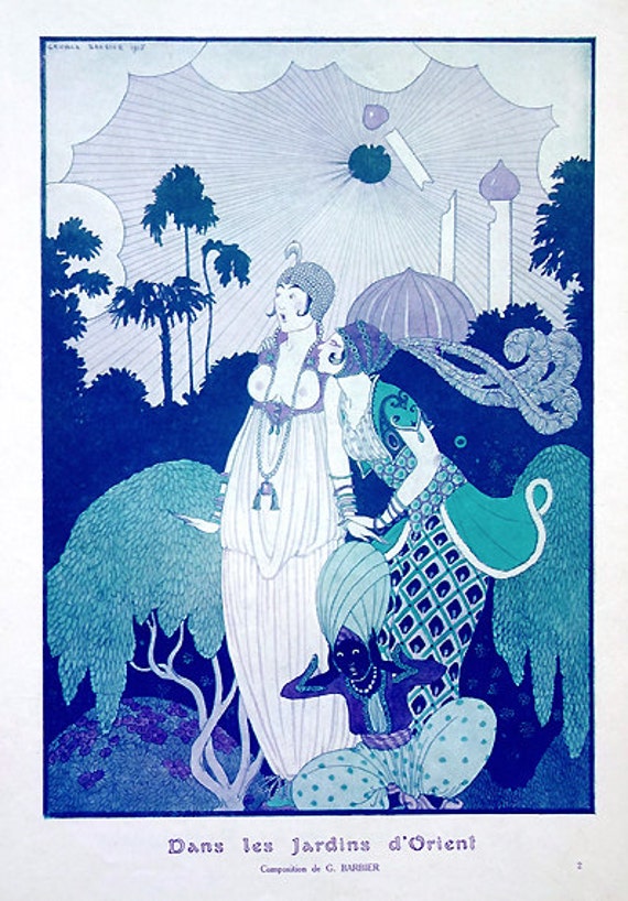 1915 Illustration Ancienne - Georges Barbier/Scène Orientale Nature Tropicale Africain Conte Dans Le