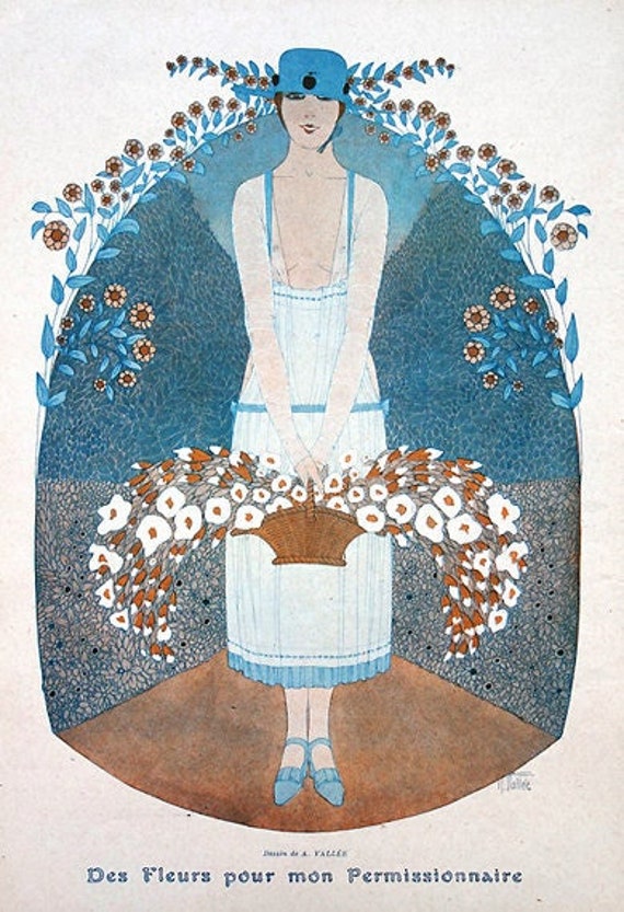 Illustration Ancienne, Dessin Romatique, Bouquet de Fleurs, Portrait Femme, Nature, Décoration, Fran
