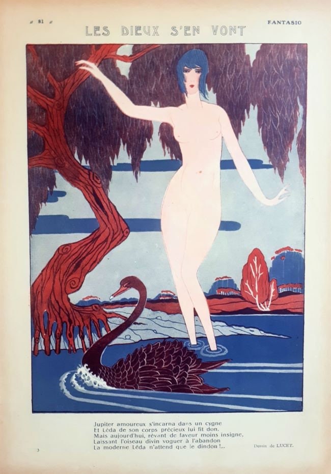 Authentique Illustration Ancienne - Vers 1918 Les Dieux S'en Vont/Cygne Noir Poème et Poésie Dessin 