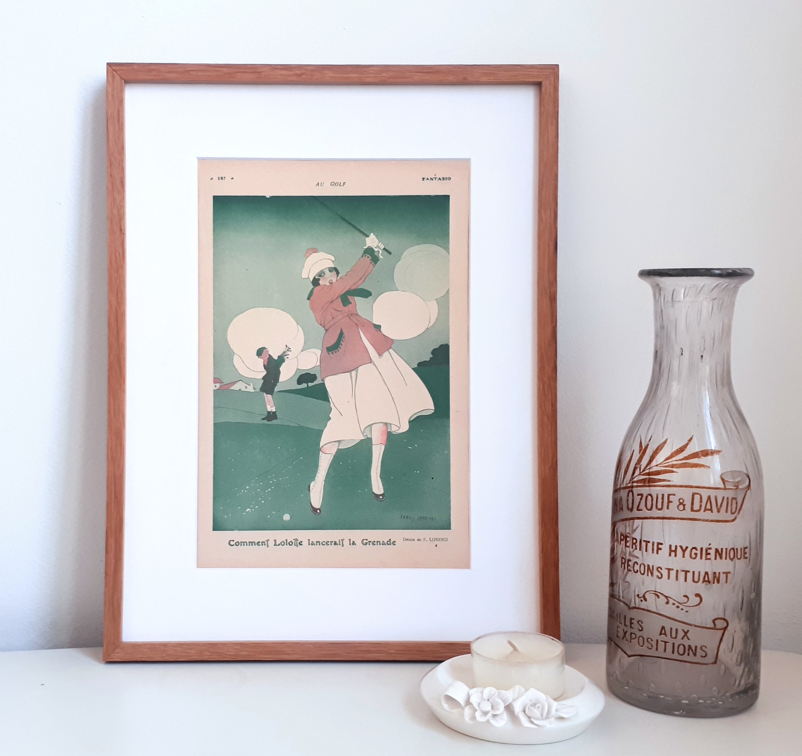 Authentique Illustration Ancienne - Environ 1915 Au Golf Art Français Dessin de Femme Gazon Vert Lor