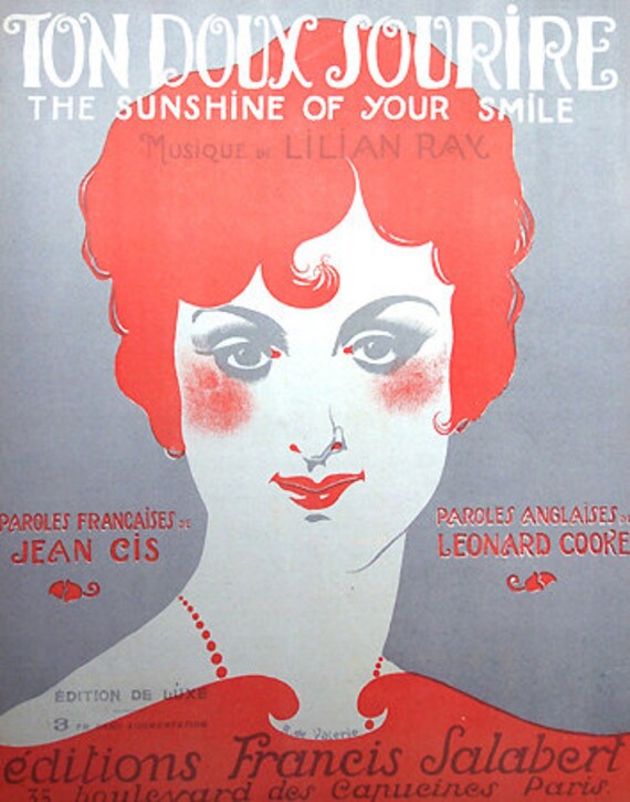 Vintage French Illustration Sheet Music - Lady Portrait/Roaring 20S Haircut Red & Grey Ton Doux Sour