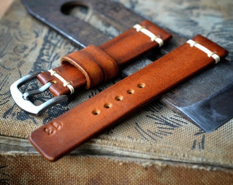 22 mm / 20 mm Orange leather watch strap vintage style for Seiko, Panerai, Omega and other watches
