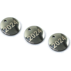 10pc Pkgs 2024 Charms Silver Toned Laser Etched Stainless Steel - &quot;2024&quot; Charms - Small 2024 Circle - Clearance 2024 Year Charm (SPT25843)