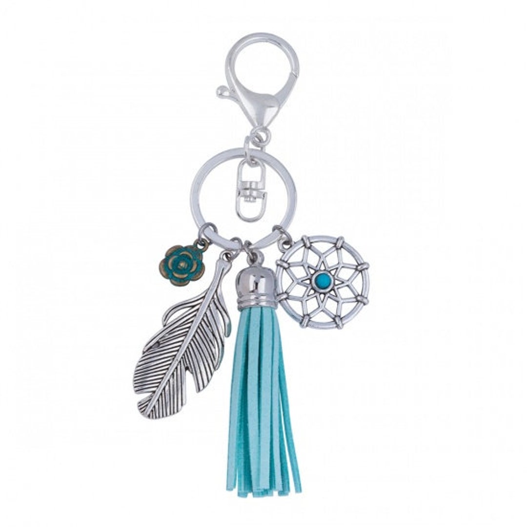 Keychain and Key Ring With Silver Plated Dreamcatcher, Flower, Feather Charms and Mint Green