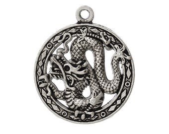 Antique Silver Dragon Pendants: Gothic Jewelry Findings, 27x23mm, (SP45811)