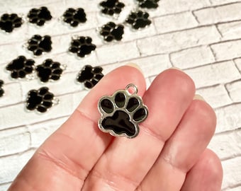 Black Enamel Dog Paw Charms, Silver Metal, Pet Memorial Charms, 17x16mm, (SP661690)