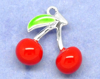 10pc Pkgs Red Cherry Charms -  Red Cherry Pendant - Bulk Cherry Charms -Bulk Fruit Charms - Fruit Pendants (SP09606)