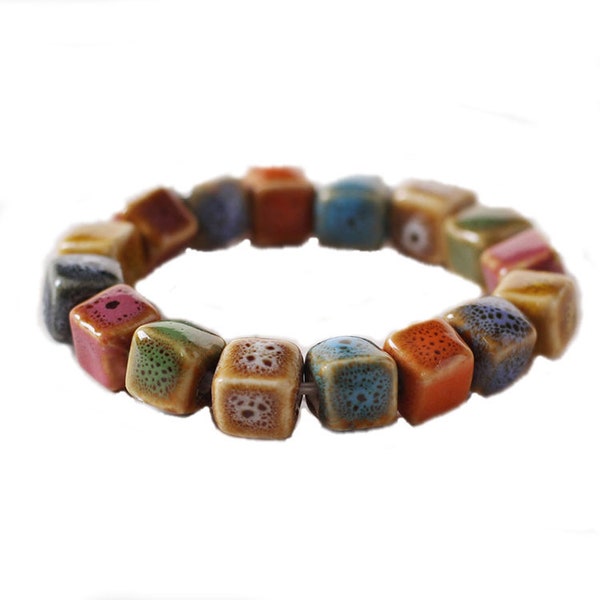 Ceramic Beaded Bracelet - Cube Shaped Ceramic Beads - Beaded Bracelet - Elastic Bracelet - (SPH036811)