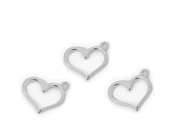 May include: Three silver metal heart-shaped charms with a loop at the top for attaching to jewelry or other crafts.