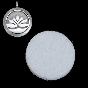 May include: Silver locket pendant with a lotus flower design. The locket opens to reveal a round felt pad for essential oils.