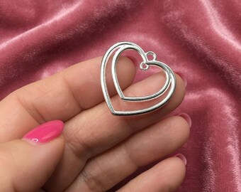 Silver Tone Double Heart Charm Pendants: Jewelry Making, 26x25mm, (SP929202)