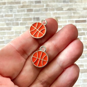 Enamel Basketball Charms - Small Metal Sports Charms - Bulk Enamel Charms - Silver Plated Basketball Charms - Sport Charms (SP0106801)