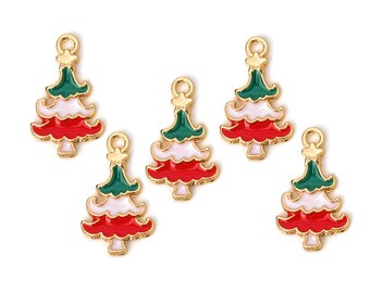 Christmas Tree Charms, Gold Plated Enamel Jewelry Findings, Holiday Charms, 20x12mm, (SP0112799)