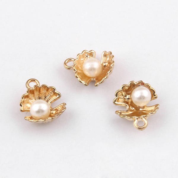 10pc or 20pc Pkgs Clam Shell Charms With Pearl - Light Gold Shell - Sea Shell Charms - Bulk Beach Charms - Bulk Shell Charms (SPN0118)