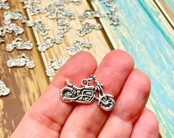Antique Silver Motorcycle Charms: Bulk Jewelry Findings, 24x14mm, (SP03298)