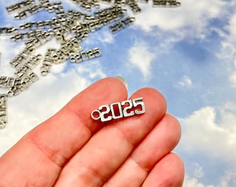 65 pc pkg 2025 Year Charms, Silver Toned, BULK 2025 Number Charms, DIY Jewelry Findings, 20x6mm, (SP0256905)